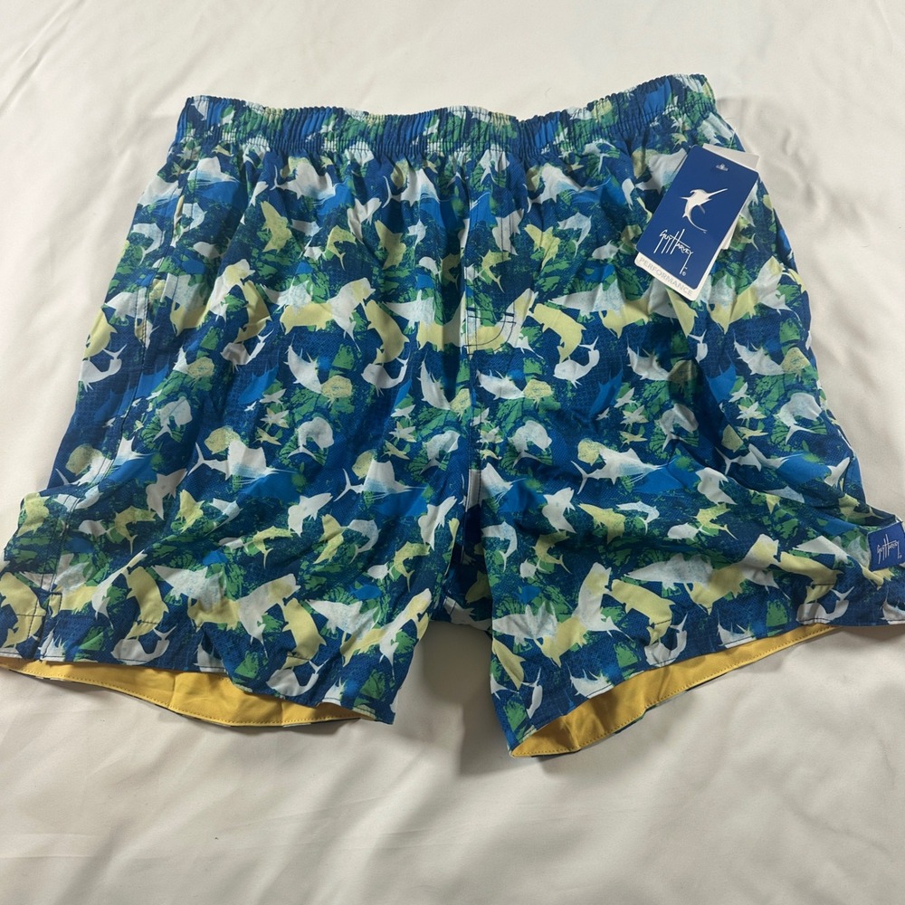 Guy Harvey Mens Blue Shark Print Performance Board Shorts Swim Trunks Large NWT